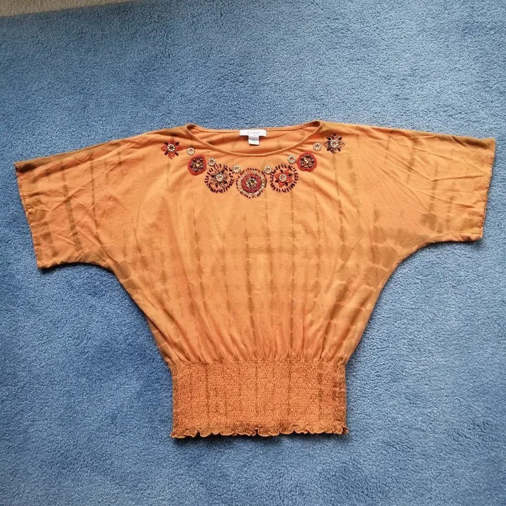 Dressbarn Indie Tangerine Tie-Die Tee Short Sleeves with Beaded Embellishments